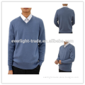 Man's pure cashmere V neck long sleeve blue color flat knitted pullover sweater in winter